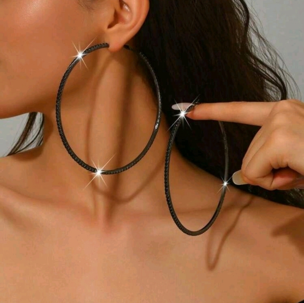 Large Black Rhinestone Hoop Earrings - Picture 6 of 6